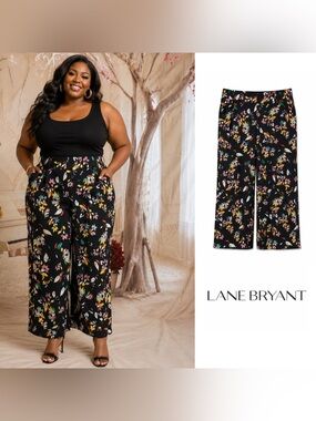 Lane Bryant Black Floral Wide-Leg Plus Pants